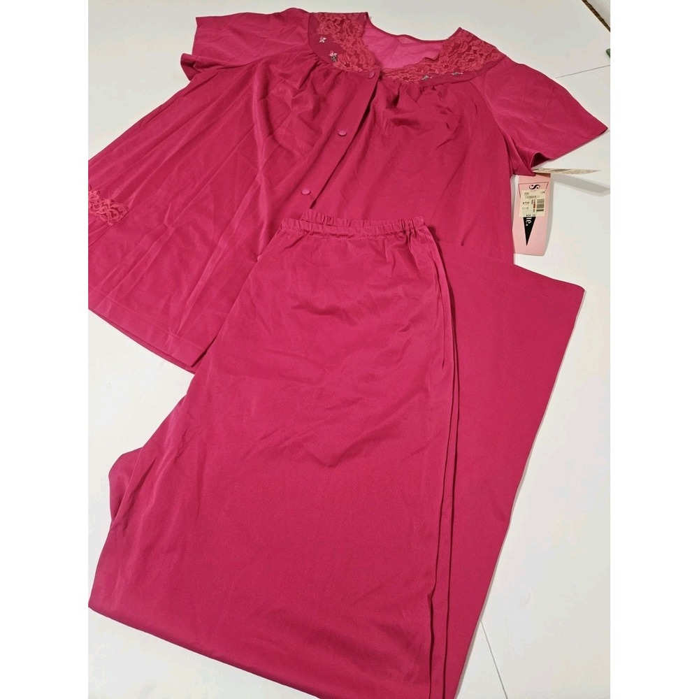 New Shadowline Fuchsia Pink Two-Piece Nylon Pajama Set Womens Vintage Size 38